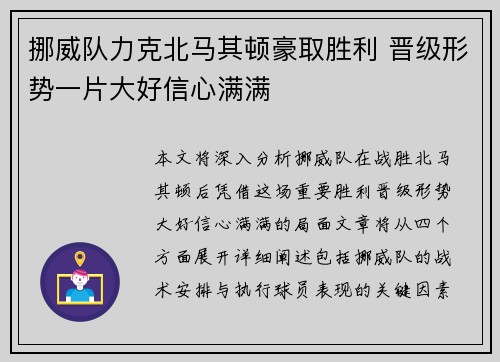 挪威队力克北马其顿豪取胜利 晋级形势一片大好信心满满