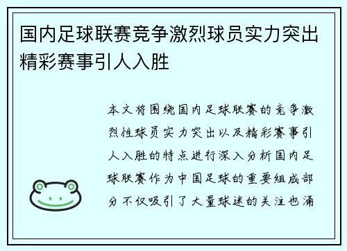 国内足球联赛竞争激烈球员实力突出精彩赛事引人入胜